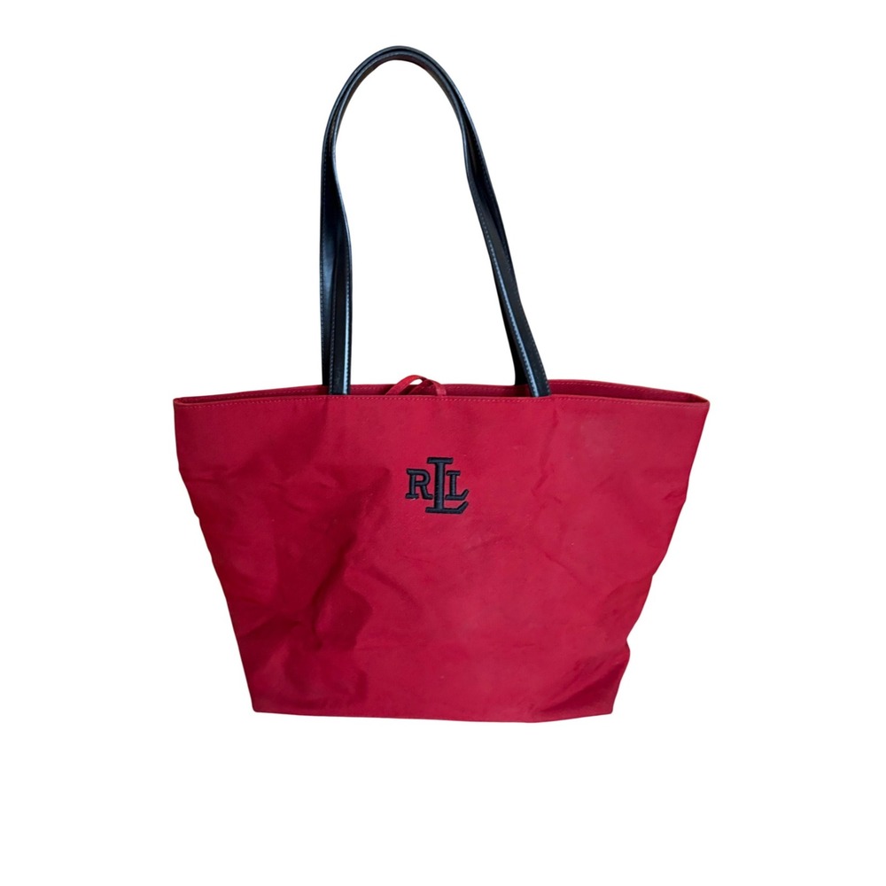 LaLauren Ralph Lauren Canvas Embroidered Logo Tote Bag Red Black